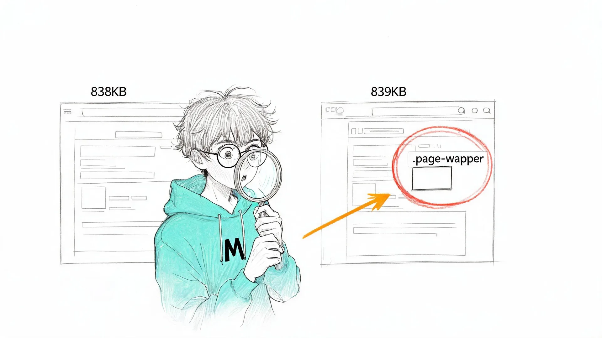 两张截图仅差 1KB,放大镜揭示 .page-wrapper 差异